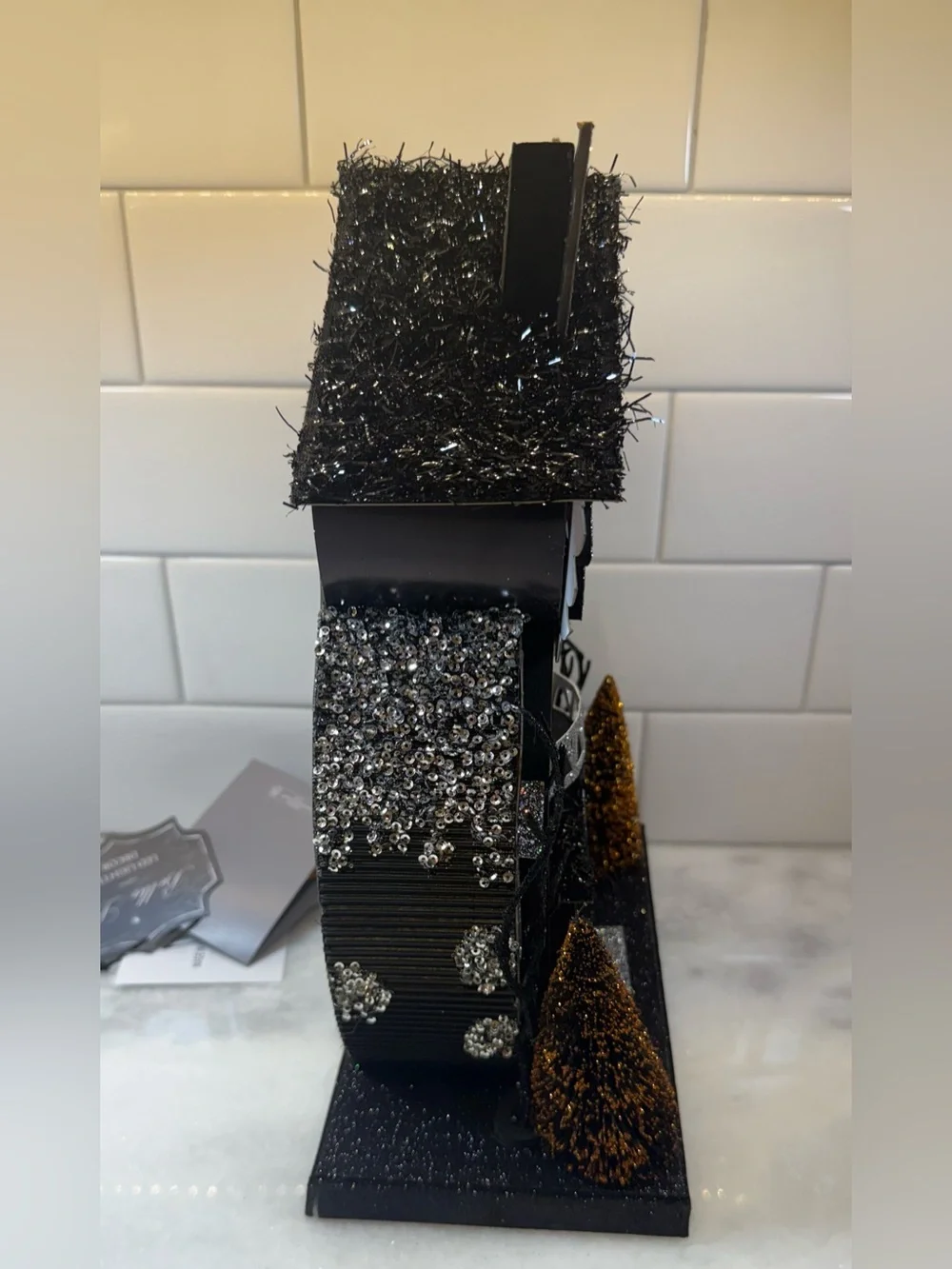 Bella Lux Putz Style Black Glitter LED Halloween Owl Shaped House NWT